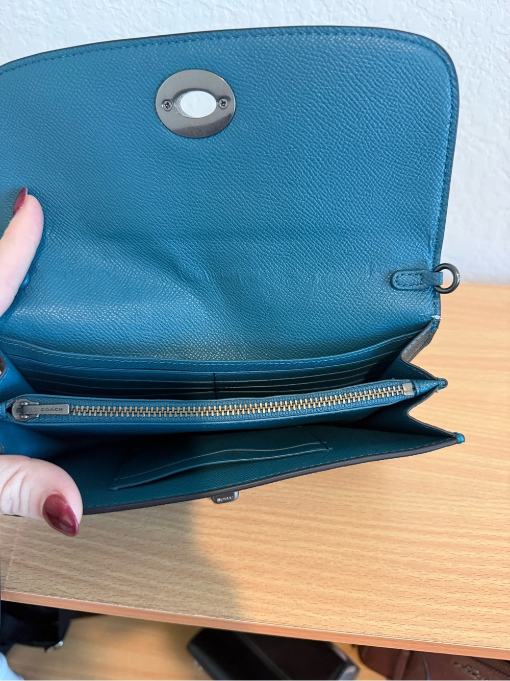 Coach Teal Metallic Tote Bag with Matching Clutch Wristlet - Picture 7 of 8